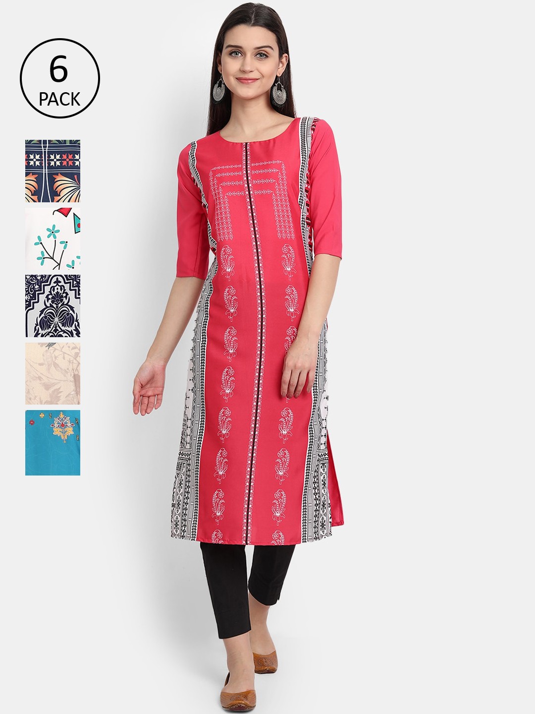 

7Threads Women Pack Of 6 Ethnic Motifs Printed Crepe Kurta, Navy blue