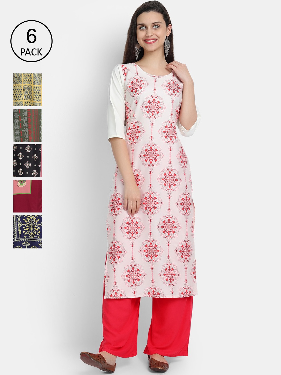 

7Threads Women Pack Of 6 Multicoloured Digital Print Crepe Kurtas, Multi