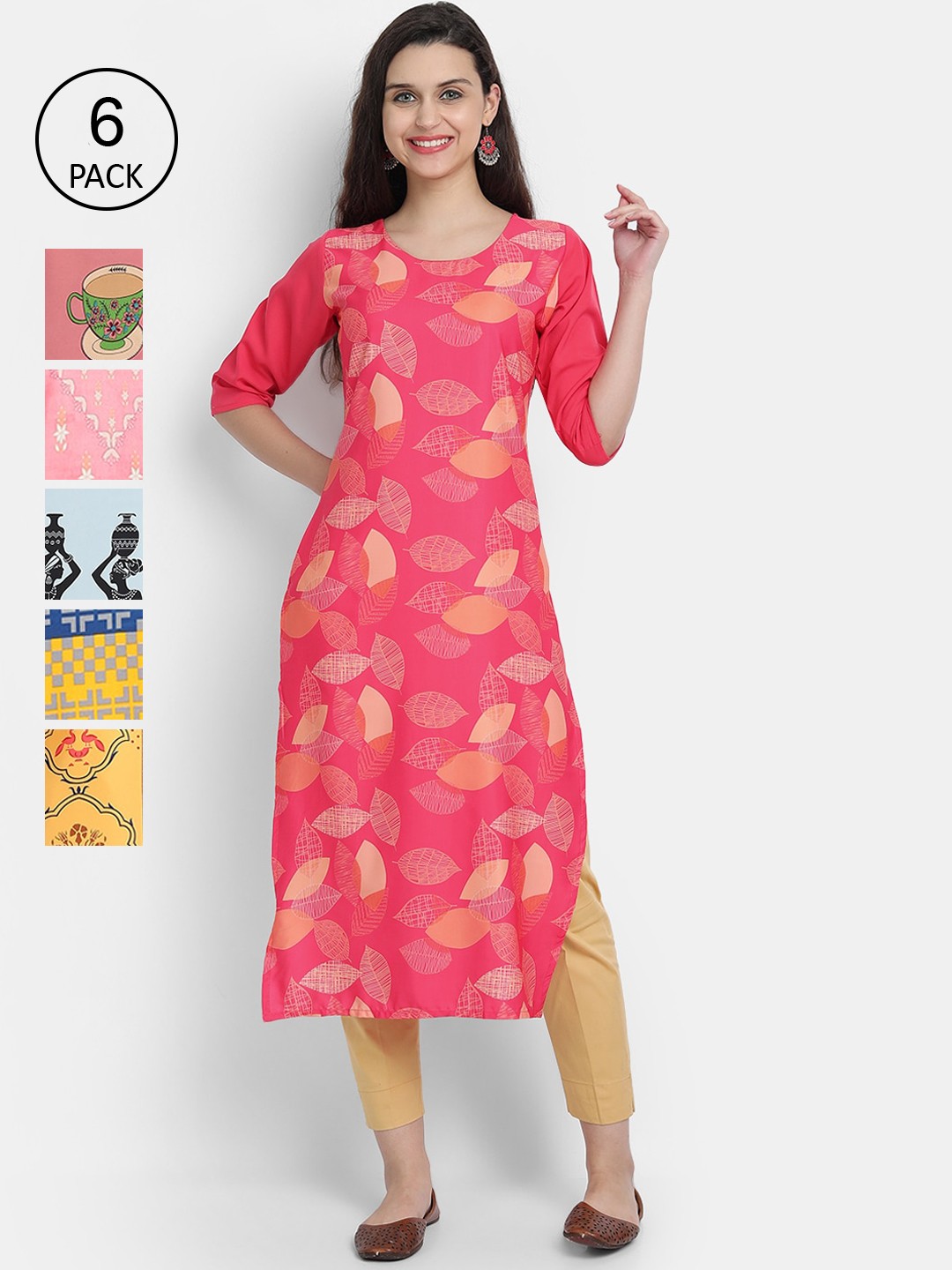 

7Threads Women Pack of 6 Multicoloured Printed Straight Crepe Kurtas, Multi