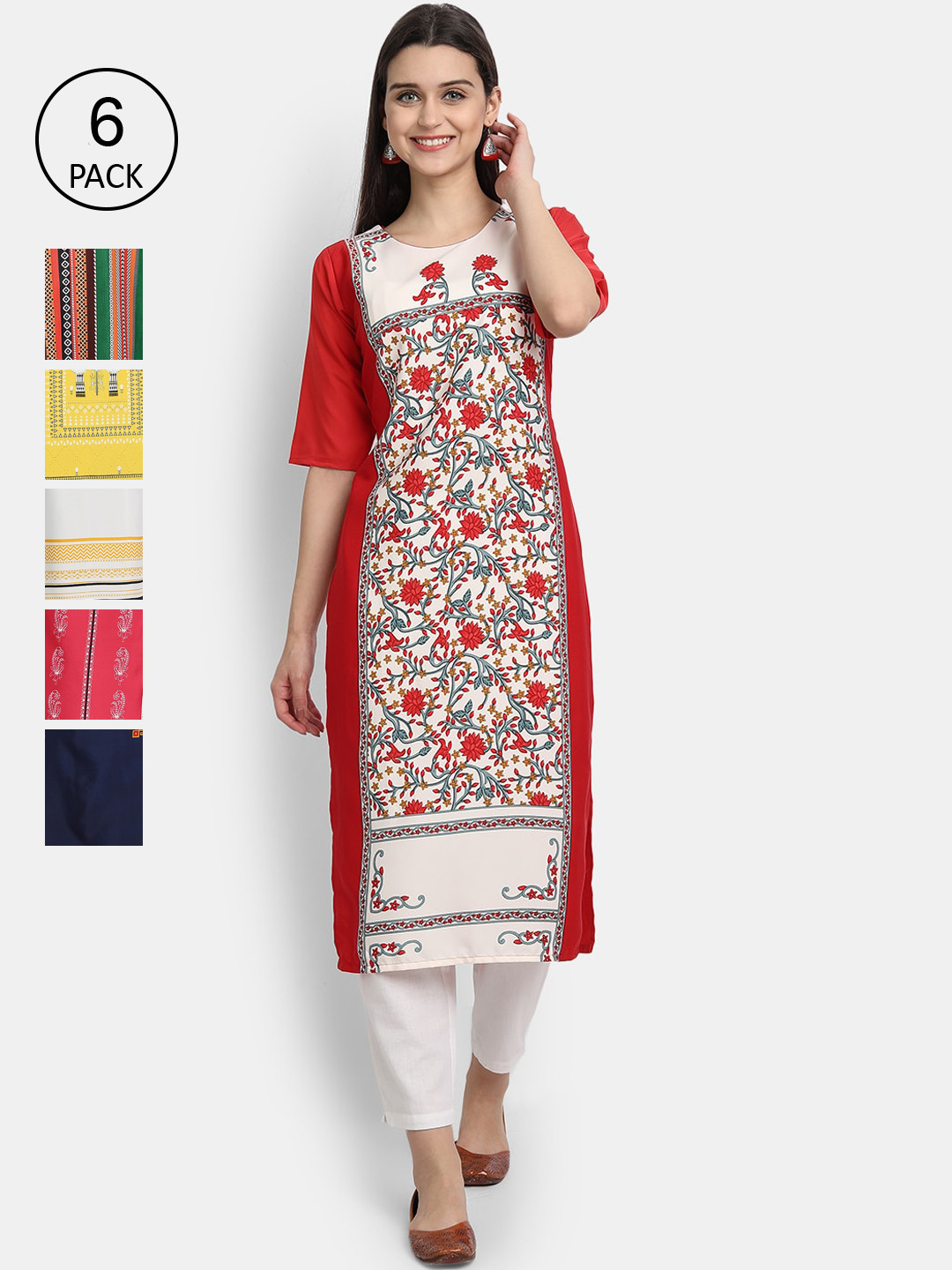 

7Threads Women Pack of 6 Printed Straight Kurta, Multi