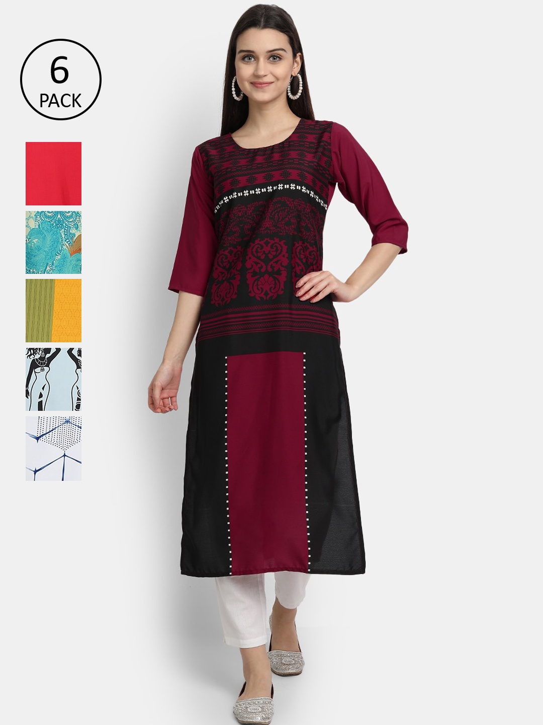 

7Threads Women Pack Of 6 Multicoloured Ethnic Motifs Thread Work Crepe Kurta, Multi