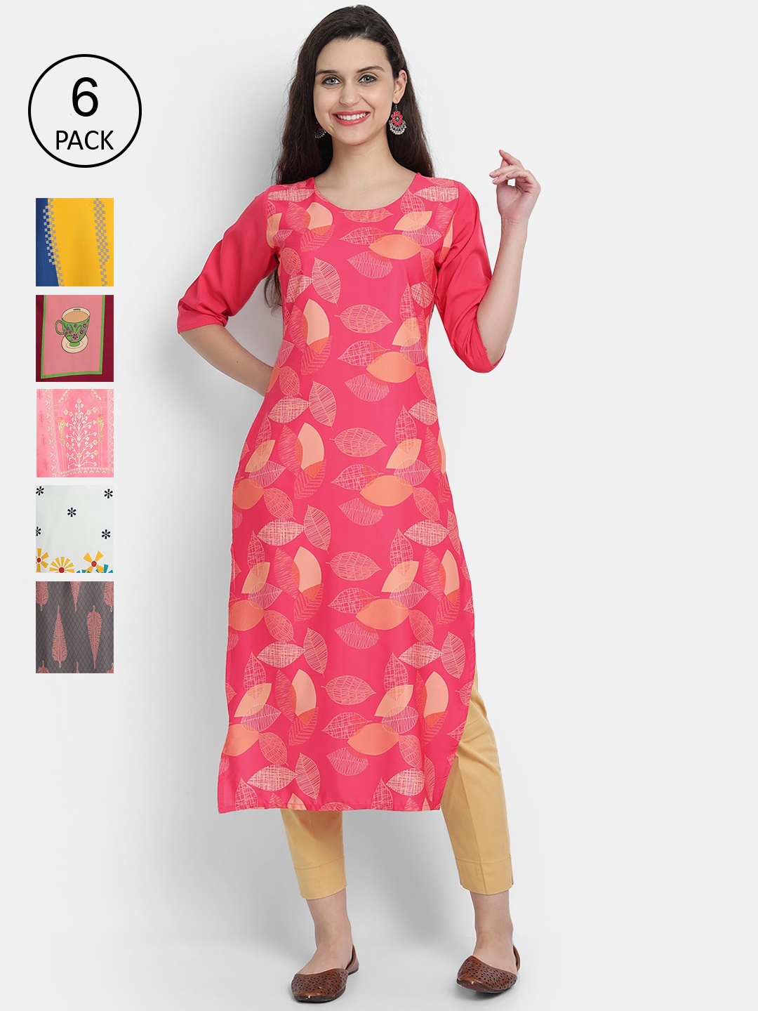 

7Threads Women Pack of 6 Multicoloured Printed Straight Crepe Kurtas, Multi