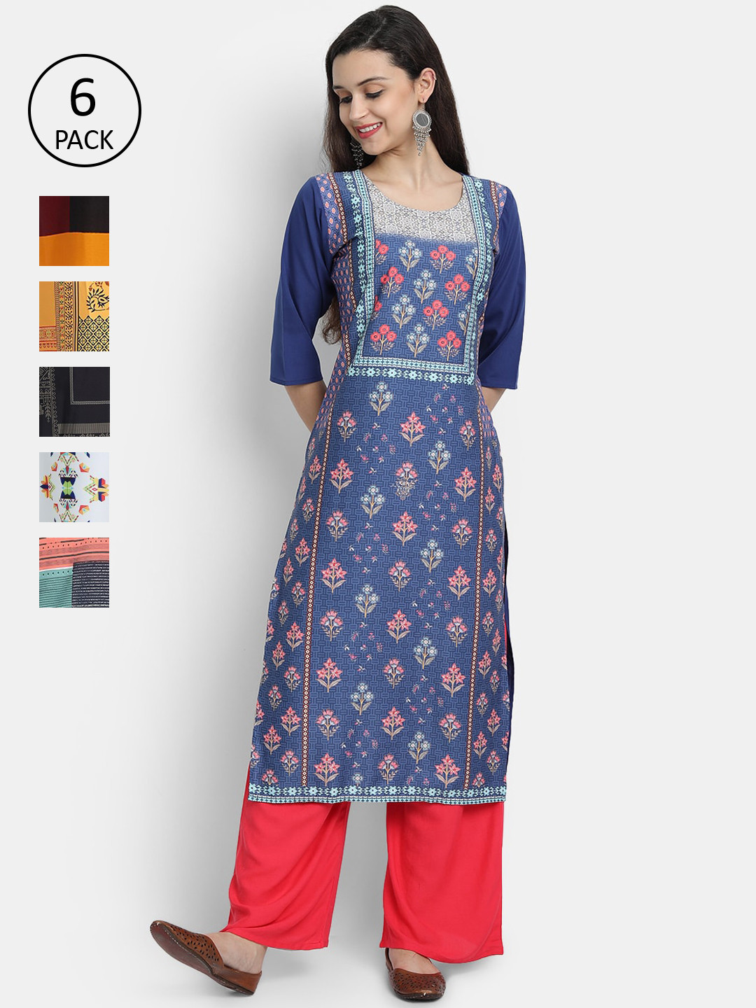 

7Threads Women Pack Of 6 Printed Crepe Kurtas, Blue