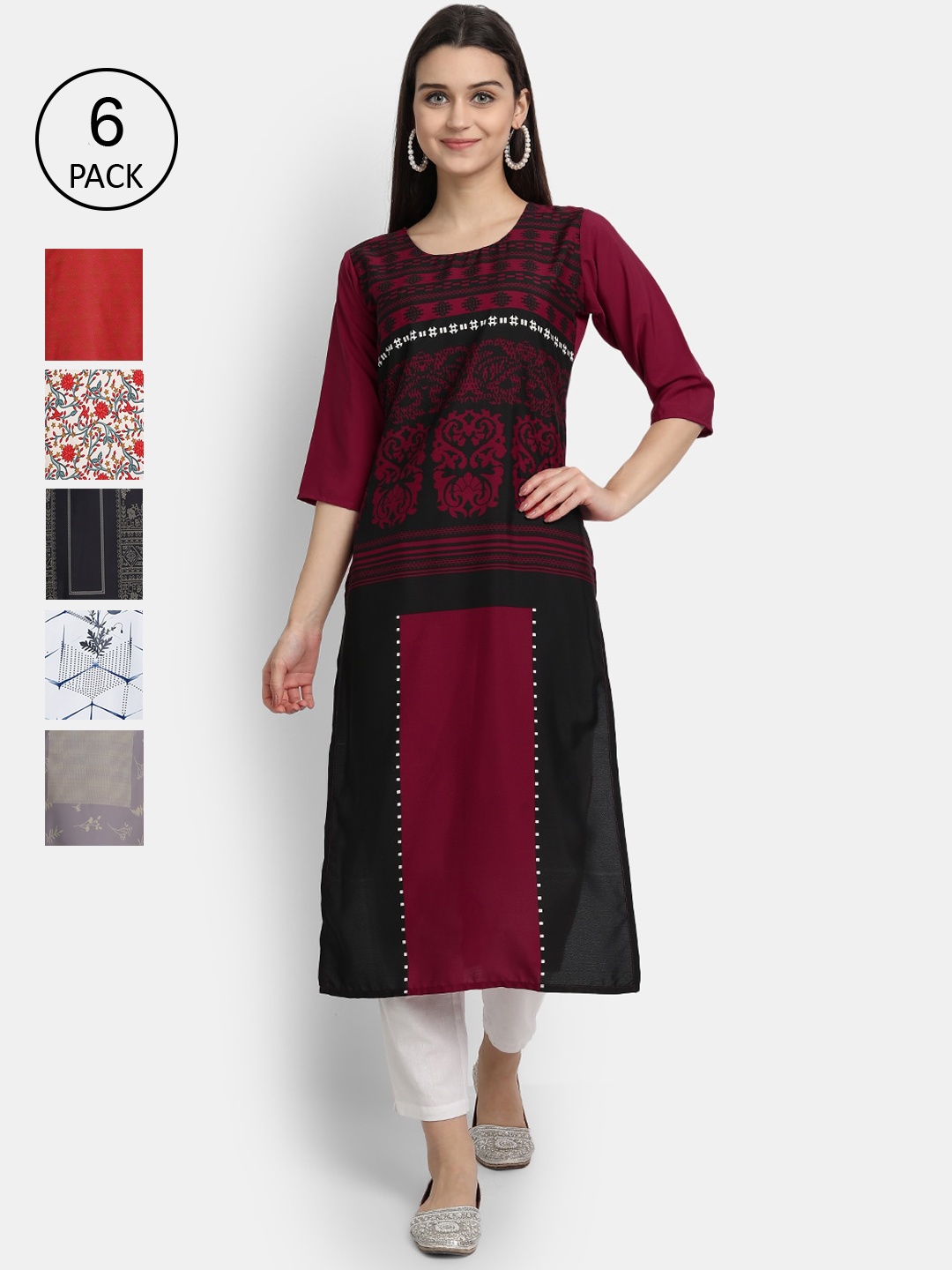

7Threads Women Pack Of 6 Ethnic Motifs Printed Crepe Kurta, Black
