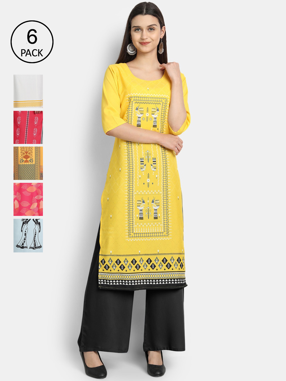 

7Threads Women Pack Of 6 Printed Crepe Kurta, Yellow