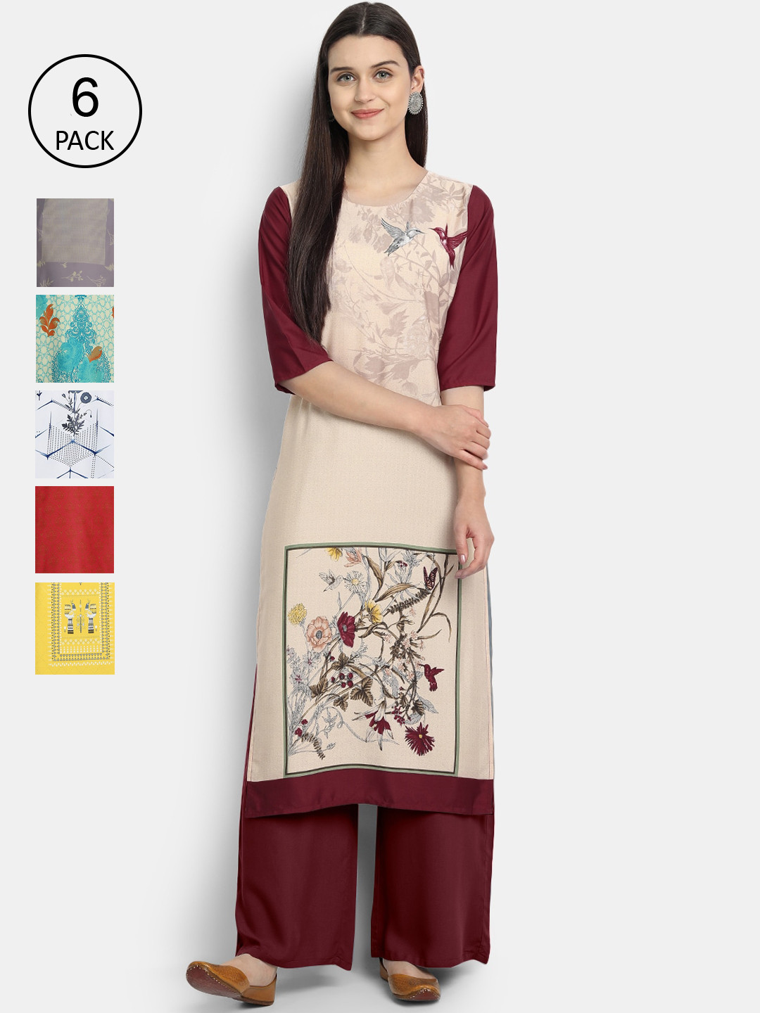 

7Threads Women Pack of 6 Multicoloured Printed Floral Crepe Straight Kurta, Multi