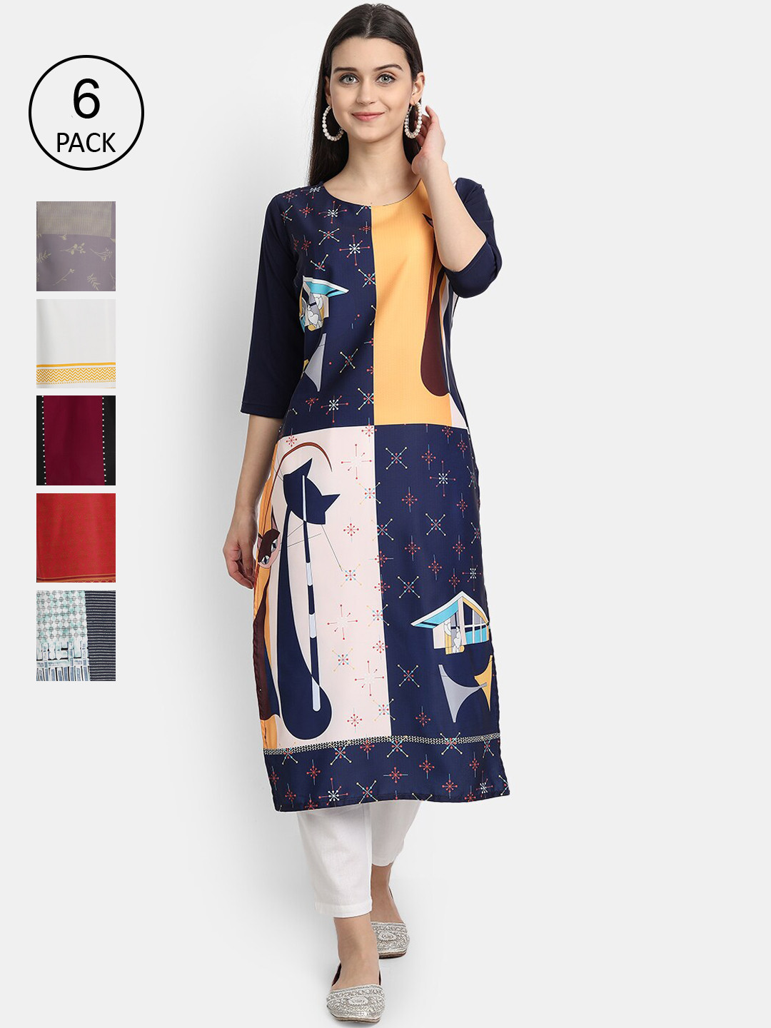 

7Threads Women Pack of 6 Multicoloured Printed Straight Crepe Kurtas, Multi