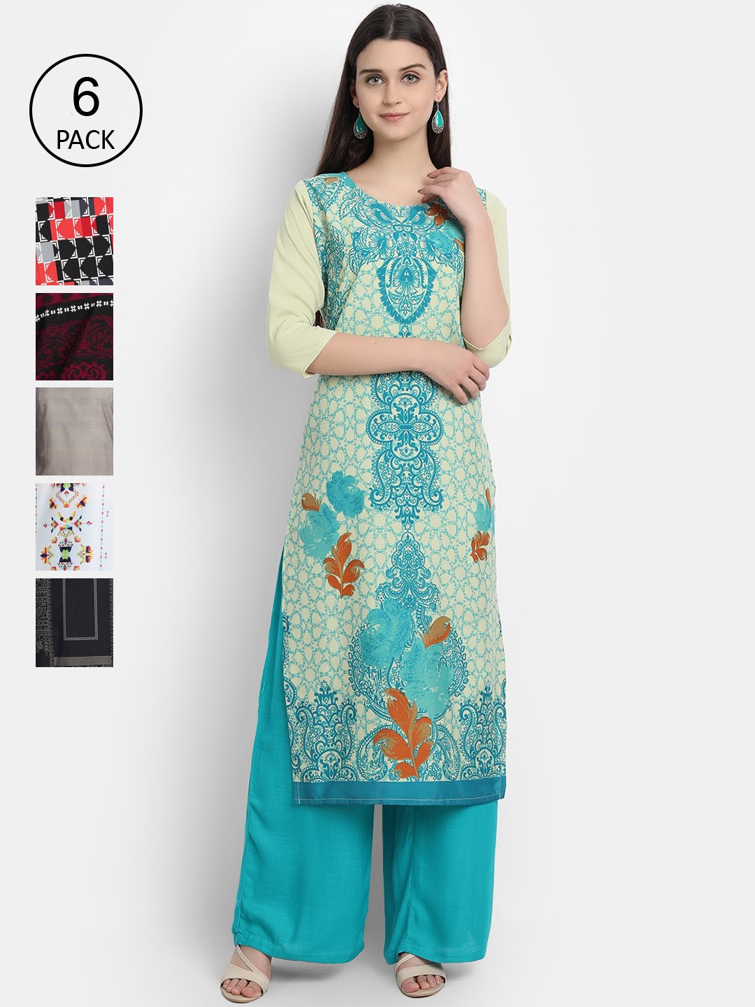 

7Threads Women Set of 6 Multi Floral Printed Crepe Kurtas