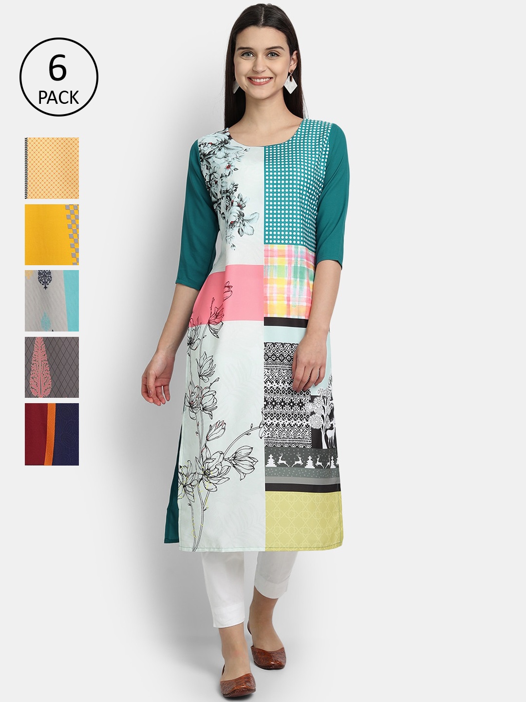 

7Threads Women Pack of 6 Floral Printed Crepe Kurta, Yellow