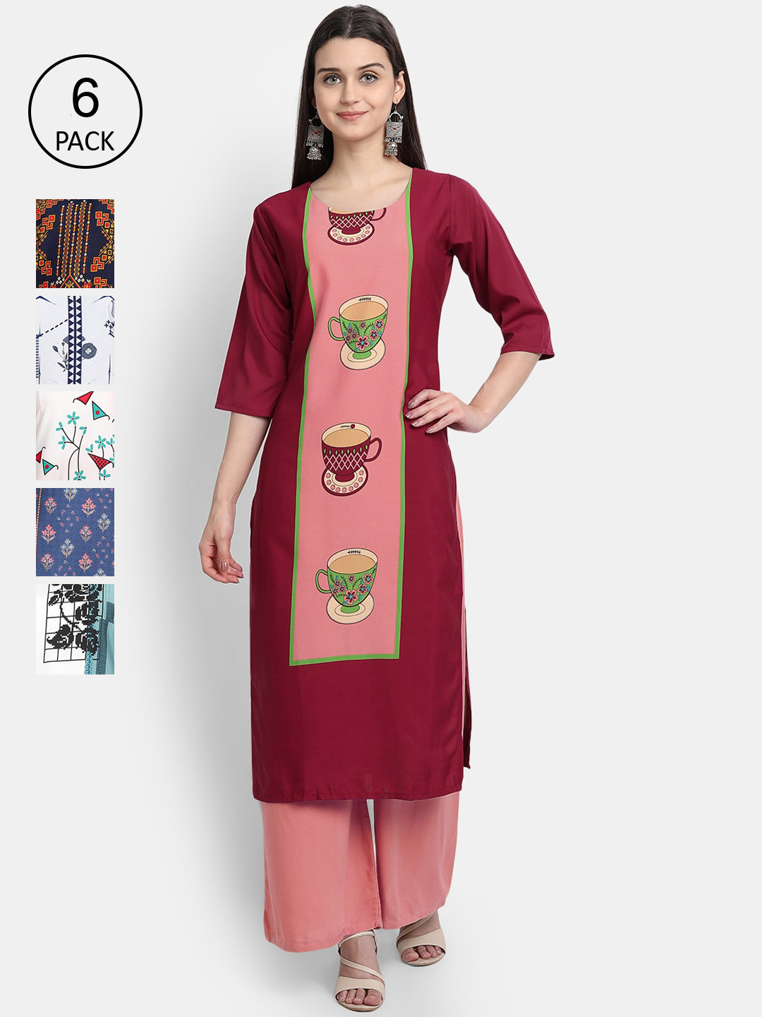 

7Threads Women Pack Of 6 Multicoloured Ethnic Motifs Printed Crepe Kurta, Multi