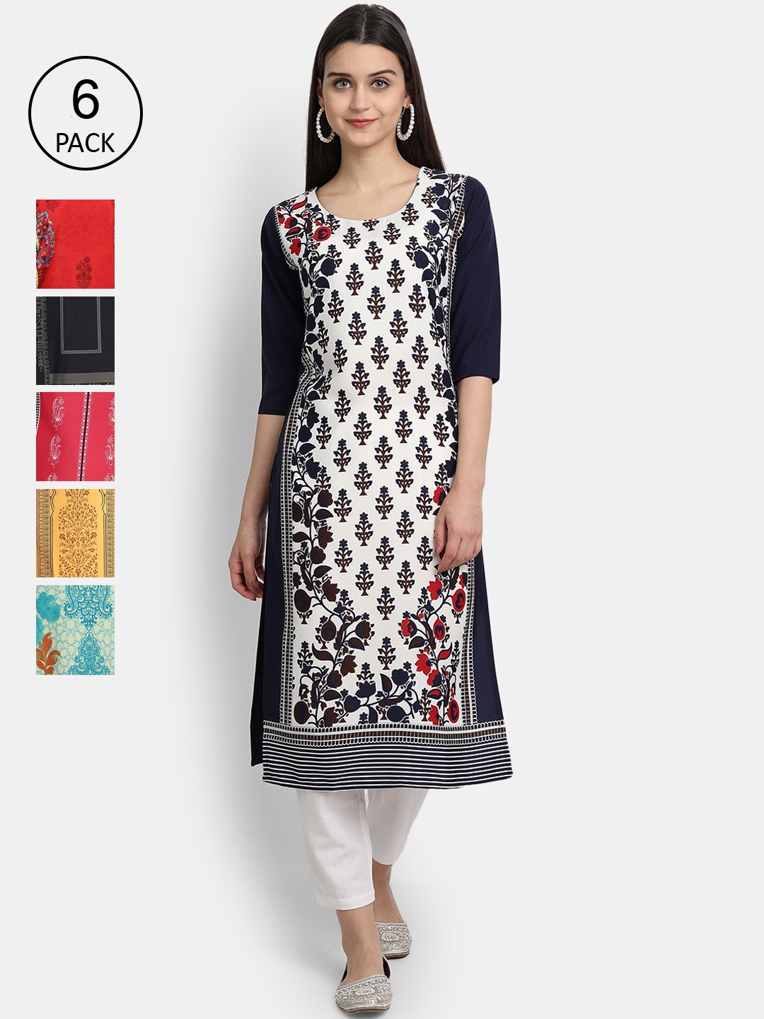 

7Threads Women Pack Of 6 Printed Crepe Kurta, White