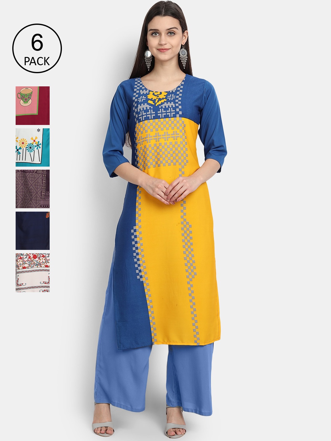 

7Threads Women Pack Of 6 Printed Crepe Kurtas, Yellow