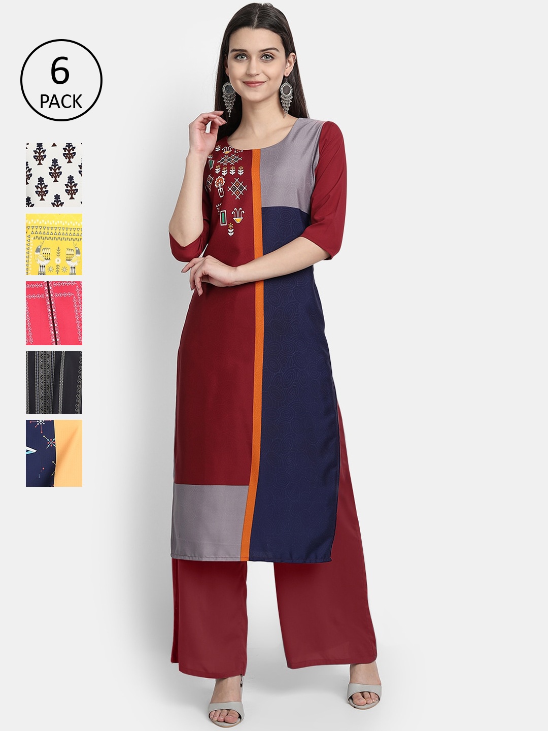 

7Threads Women Pack of 6 Ethnic Motifs Printed Crepe Kurta, Yellow