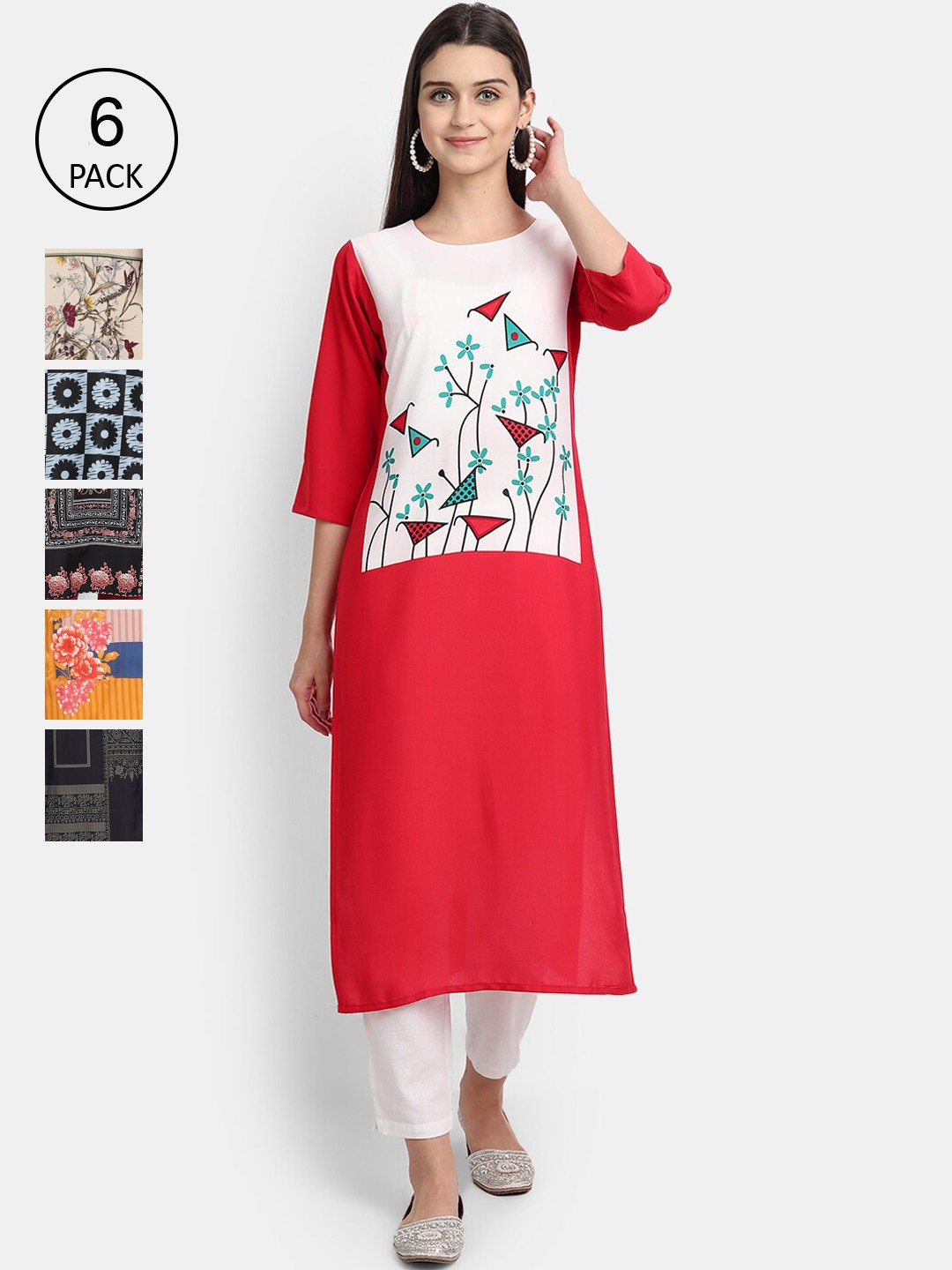 

7Threads Women Pack of 6 Floral Printed Crepe Kurta, Red