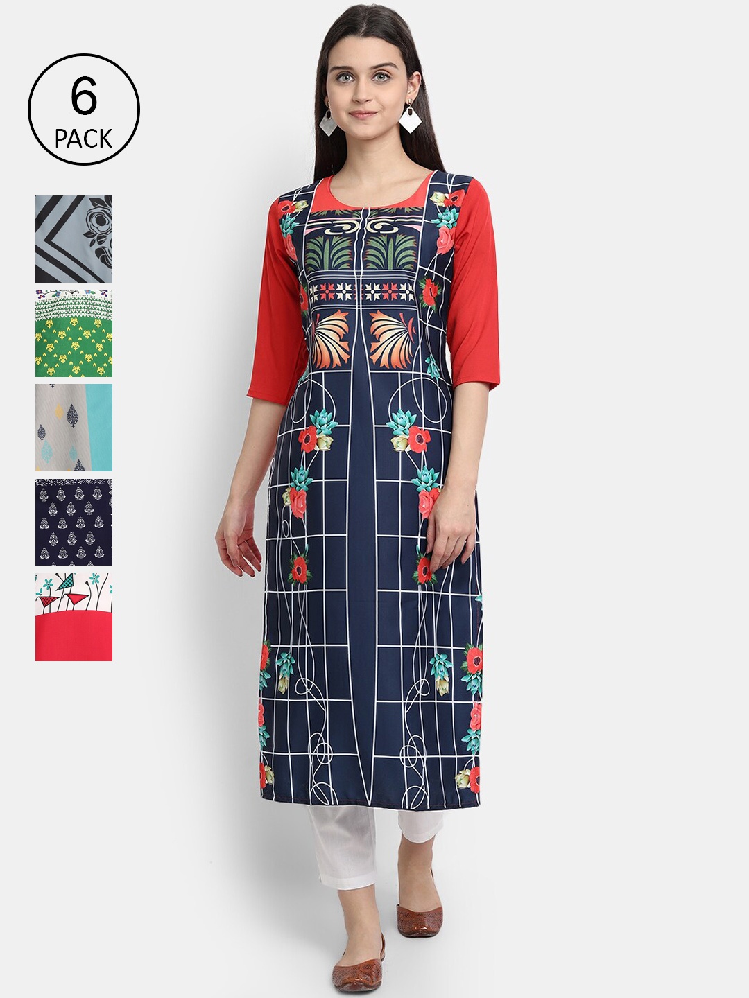 

7Threads Women Pack of 6 Multicoloured Printed Crepe Kurta, Multi