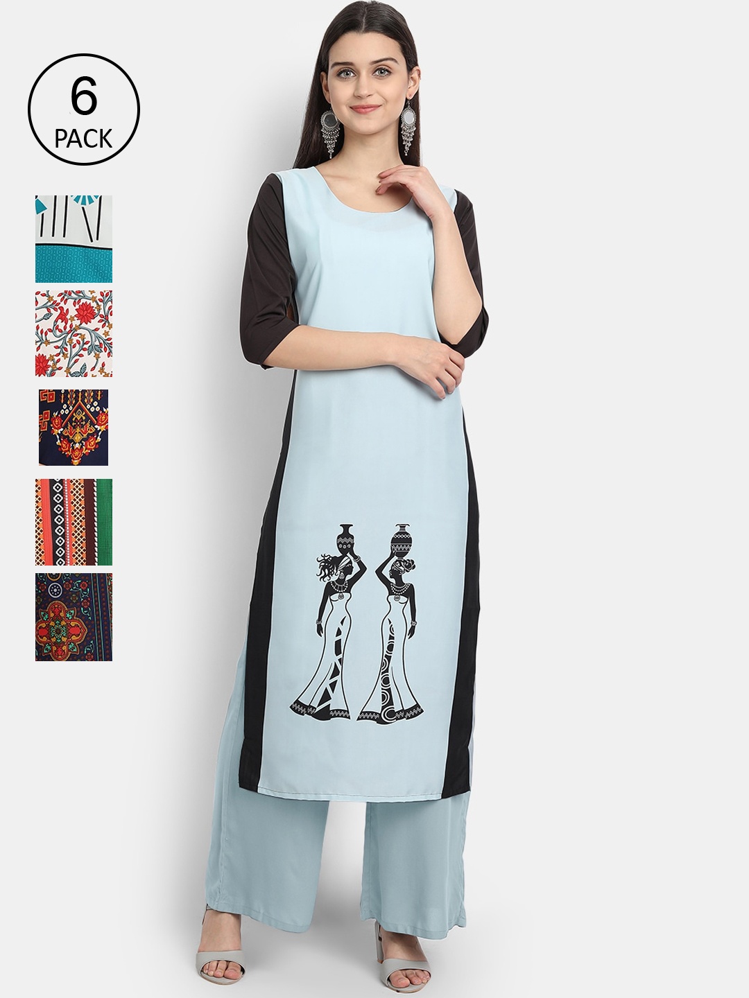 

7Threads Woman Pack of 6 Multicoloured Printed Crepe Kurta, Multi