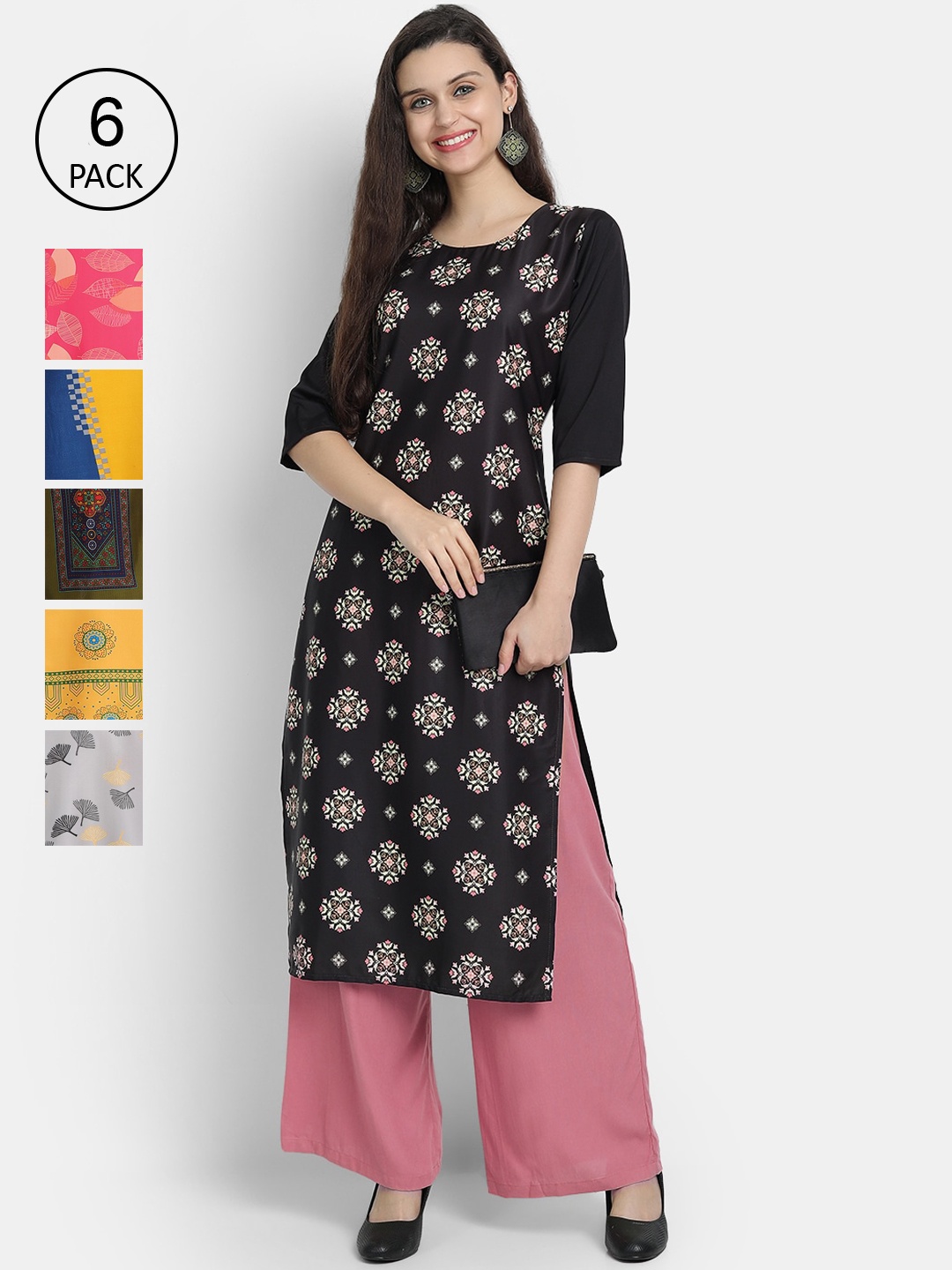 

7Threads Women Pack of 6 Multicoloured Printed Straight Crepe Kurtas, Multi