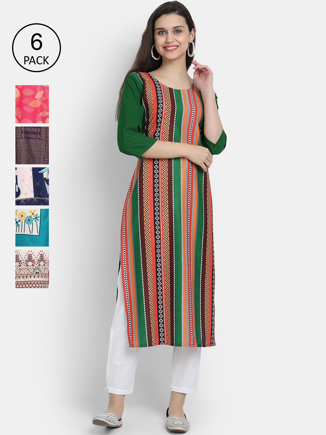 

7Threads Women Pack of 6 Printed Crepe Kurta, Multi