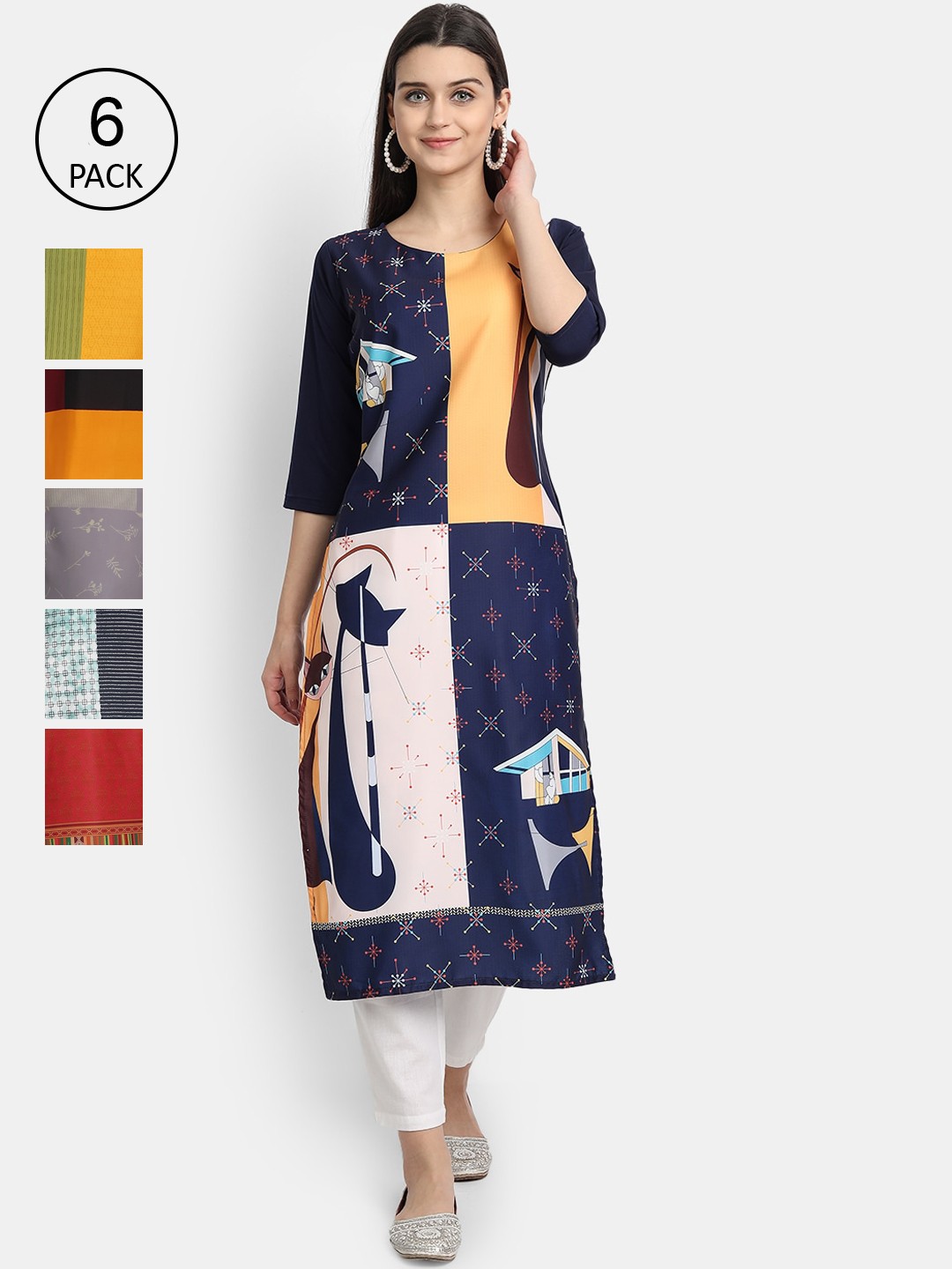 

7Threads Women Pack Of 6 Ethnic Motifs Printed Crepe Kurta, Navy blue