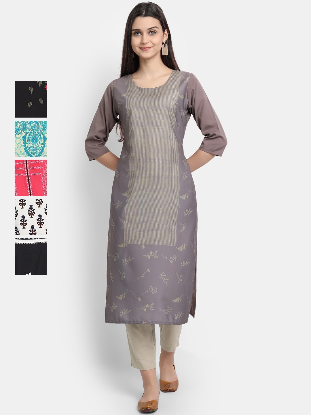 

7Threads Women Pack Of 6 Printed Crepe Kurta, Grey