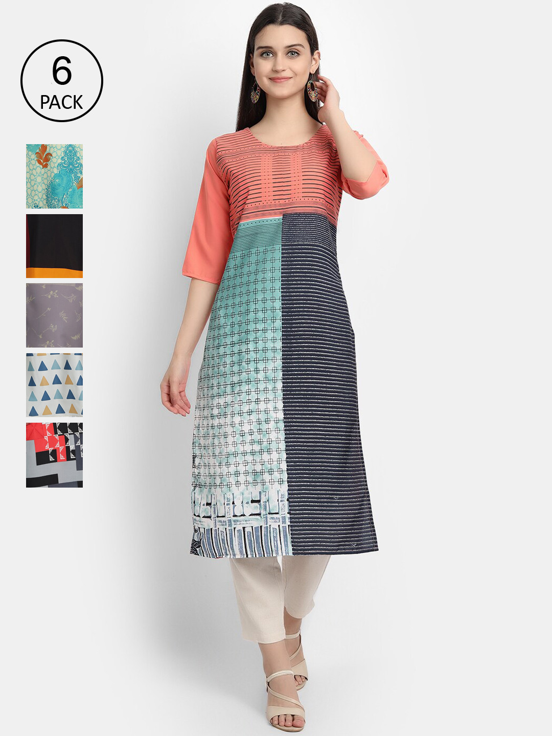

7Threads Women Pack Of 6 Printed Straight Kurta, Multi