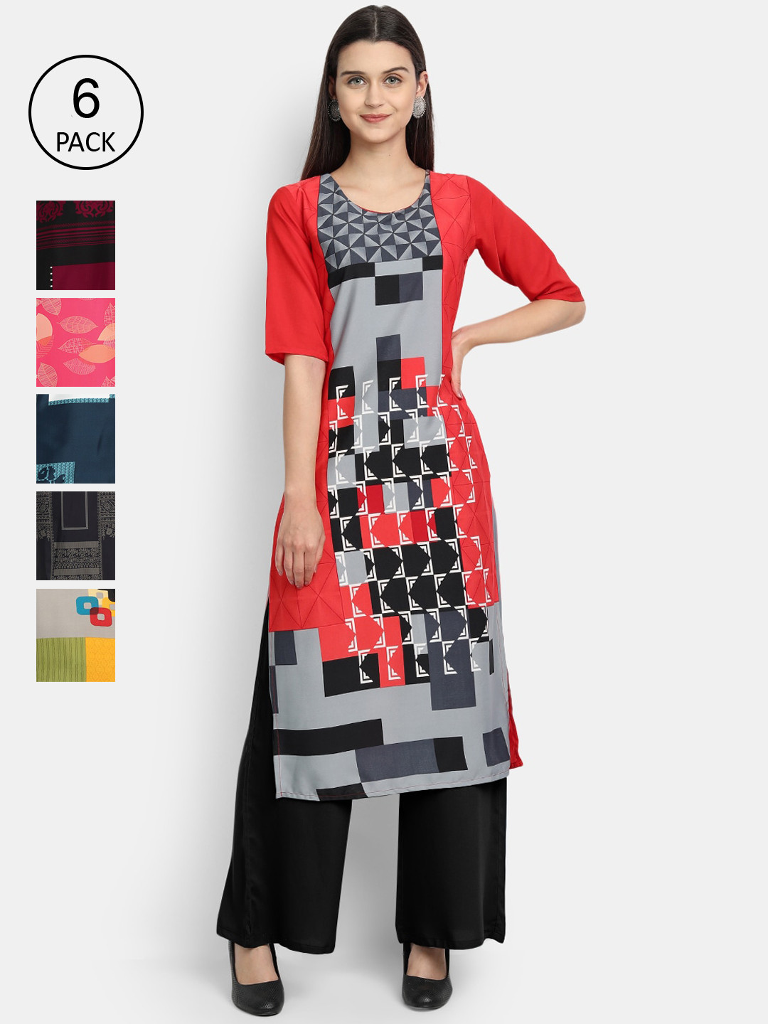 

7Threads Women Pack Of 6 Printed Crepe Kurta, Red