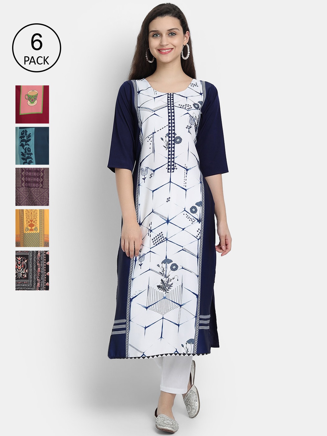 

7Threads Women Pack Of 6 Multicoloured Printed Thread Work Crepe Kurtas, Multi