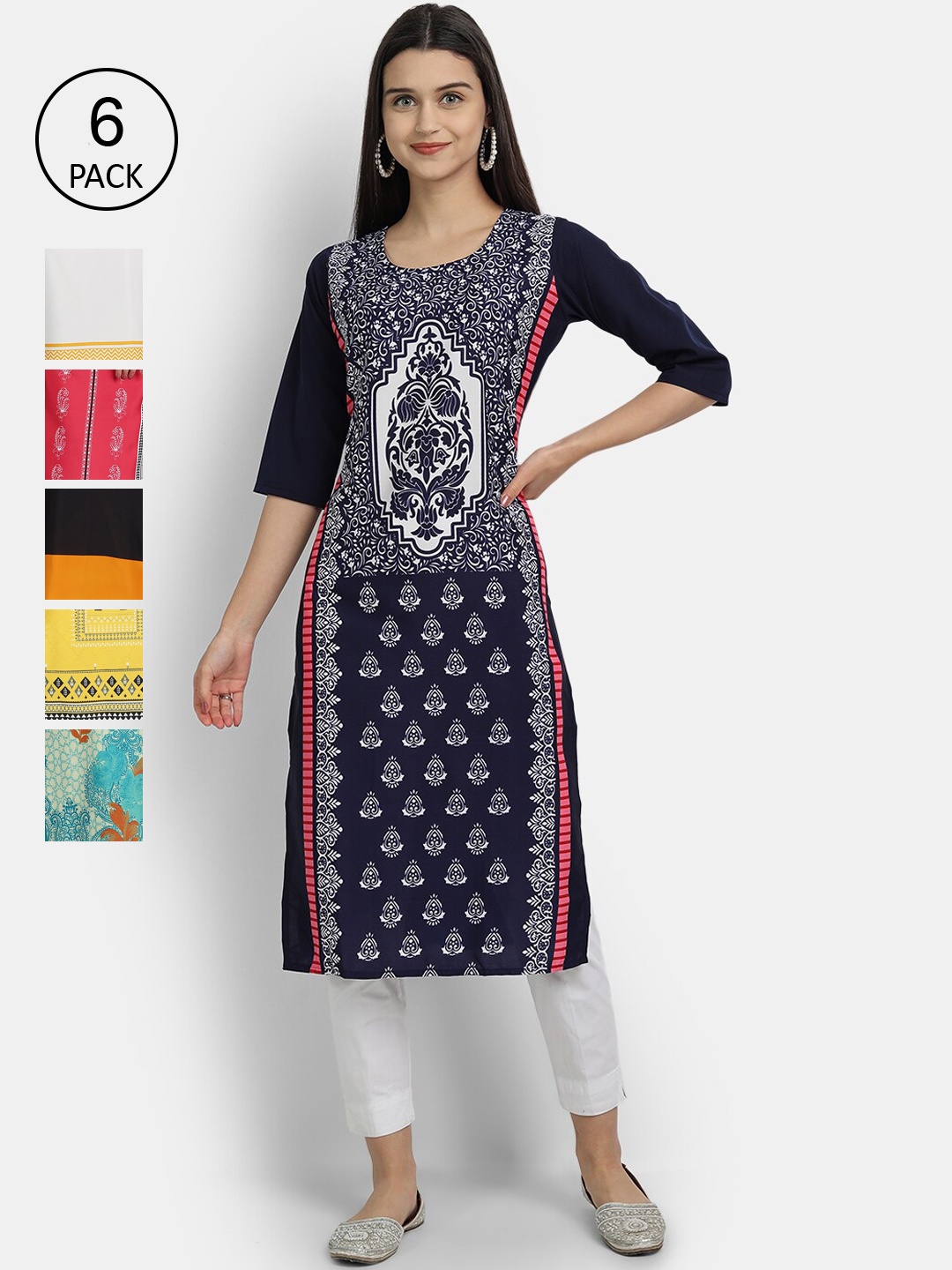 

7Threads Women Pack of 6 Ethnic Motifs Printed Crepe Kurta, Blue