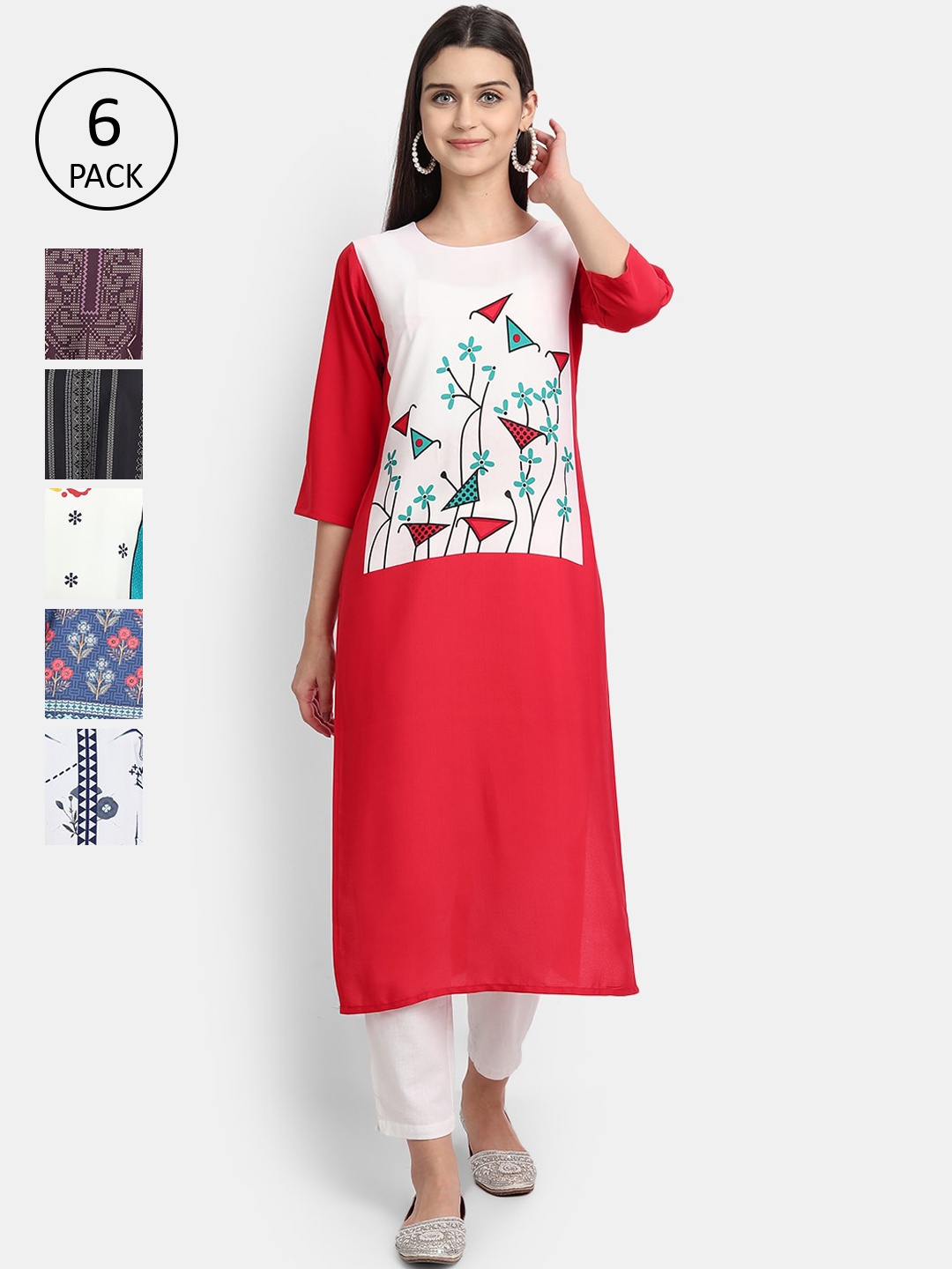 7Threads Women Pack Of 6 Printed Crepe Kurtas, White