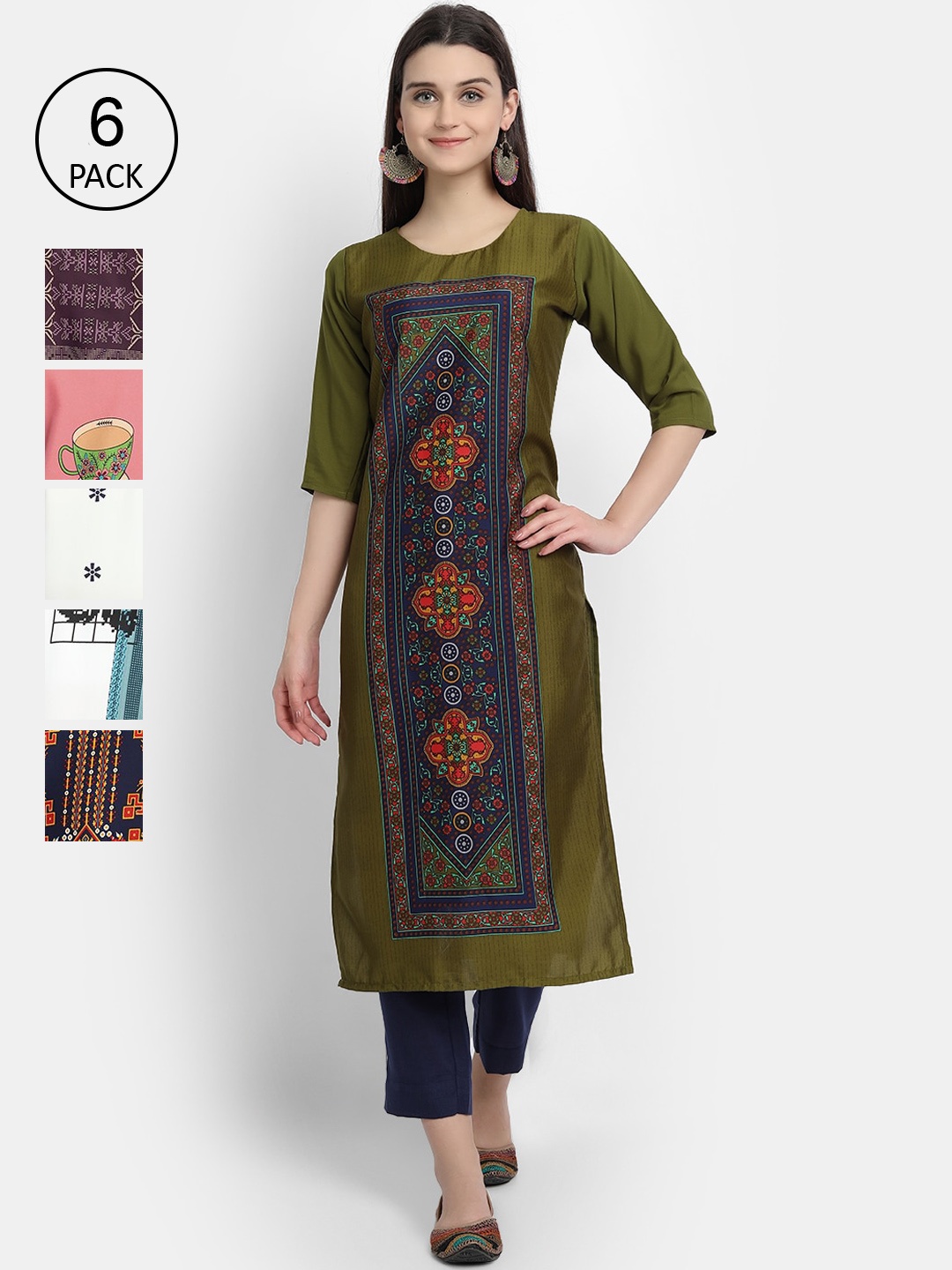 

7Threads Women Pack of 6 Multicoloured Printed Straight Crepe Kurtas, Multi