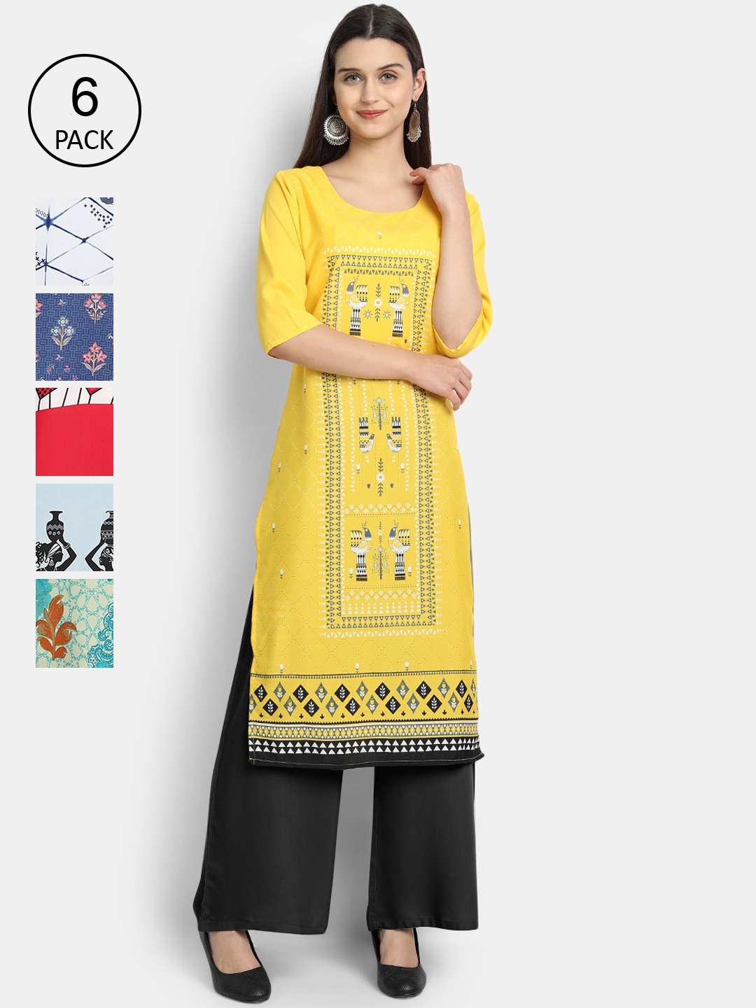 

7Threads Women Pack of 6 Multicoloured Printed Straight Crepe Kurtas, Multi