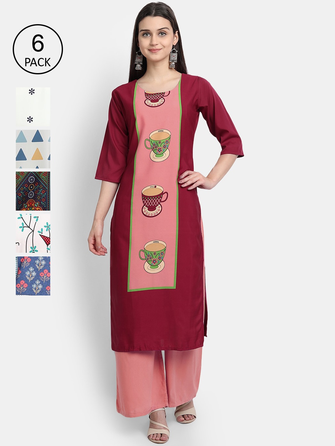 

7Threads Women Pack Of 6 Printed Crepe Kurtas, Maroon