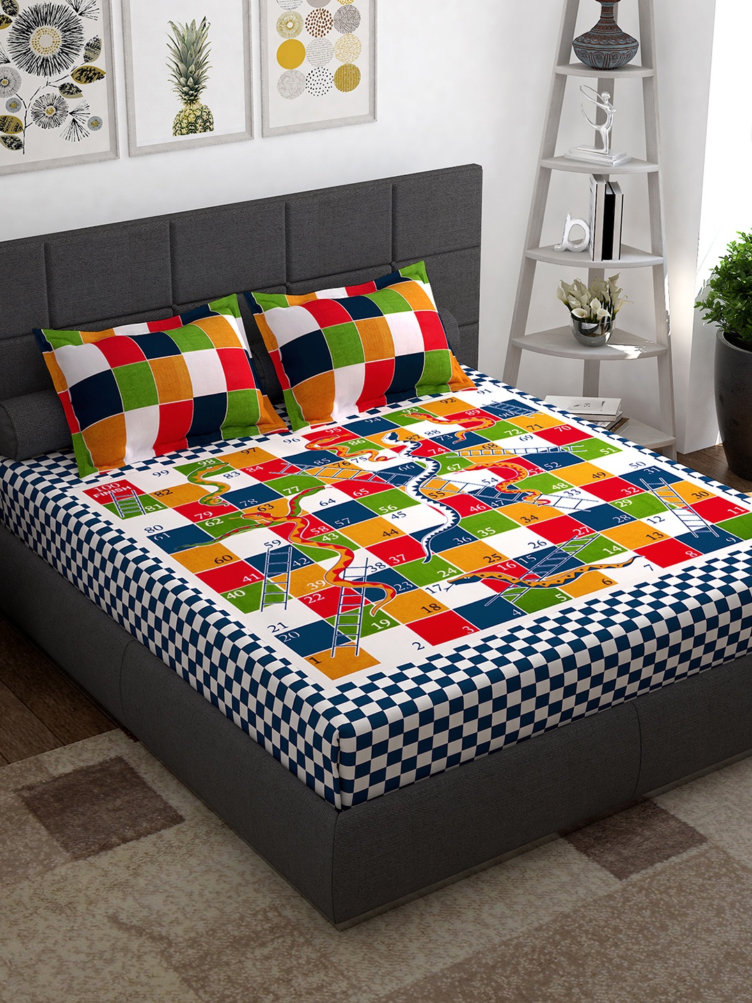 

Story@home Blue Red Cotton Geometric Printed 144 TC Queen Bedsheet with 2 Pillow Covers