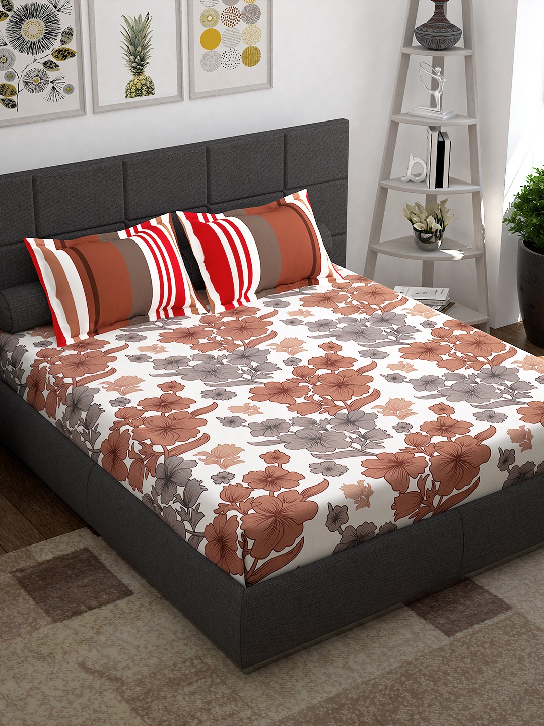 

Story@home White & Grey Floral 152 TC Cotton Queen Bedsheet with 2 Pillow Covers
