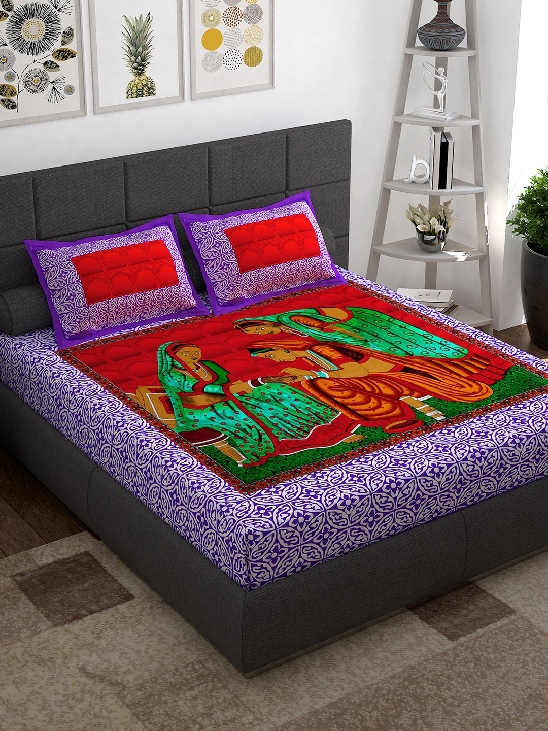 

Story@home Purple & Red Ethnic Motifs 152 TC Queen Bedsheet with 2 Pillow Covers