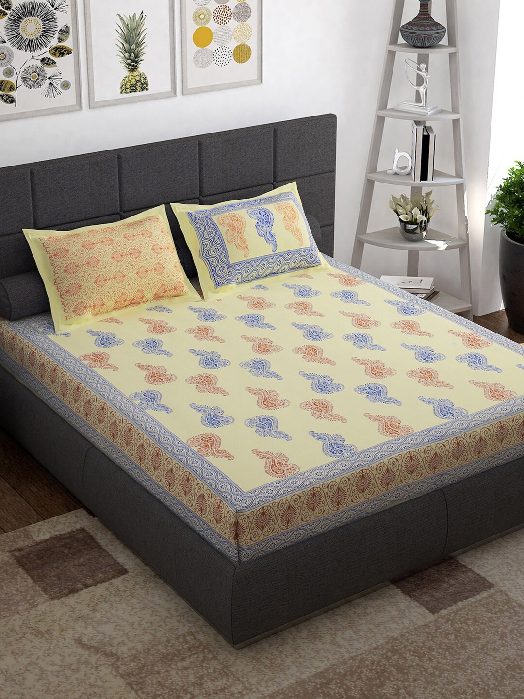 

Story@home Yellow & Blue Ethnic Motifs 152 TC Queen Bedsheet With 2 Pillow Covers