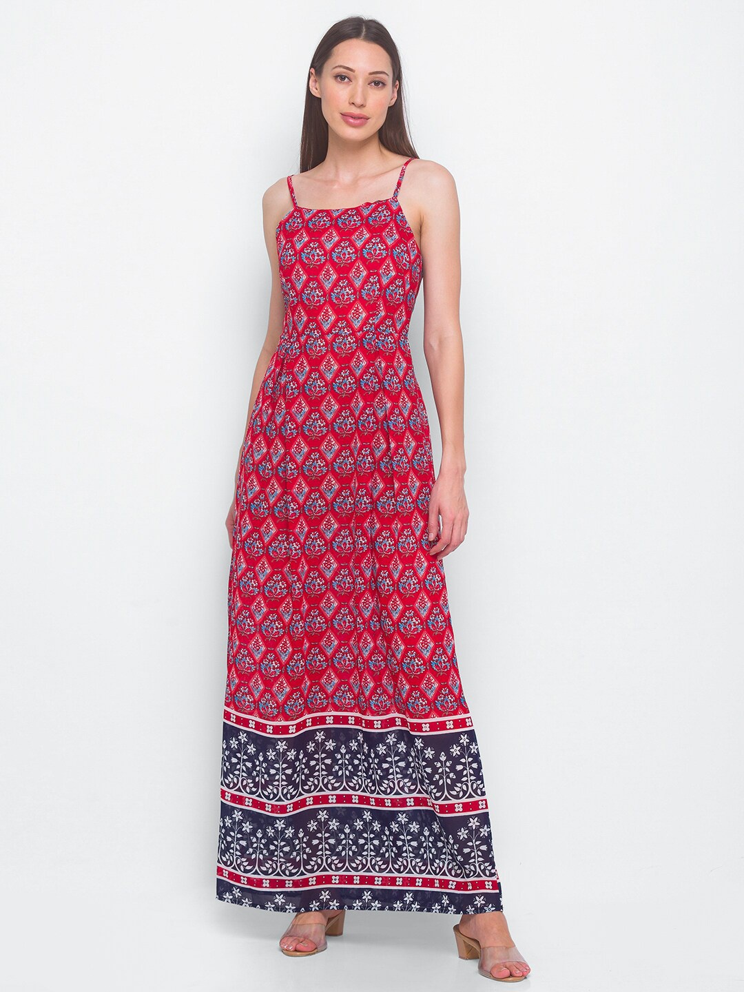 

LYKKEIN Red & Blue Ethnic Motifs Maxi Dress