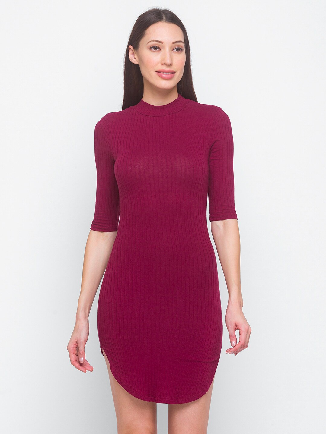 

LYKKEIN Woman Burgundy Dolphin Hem Bodycon Dress