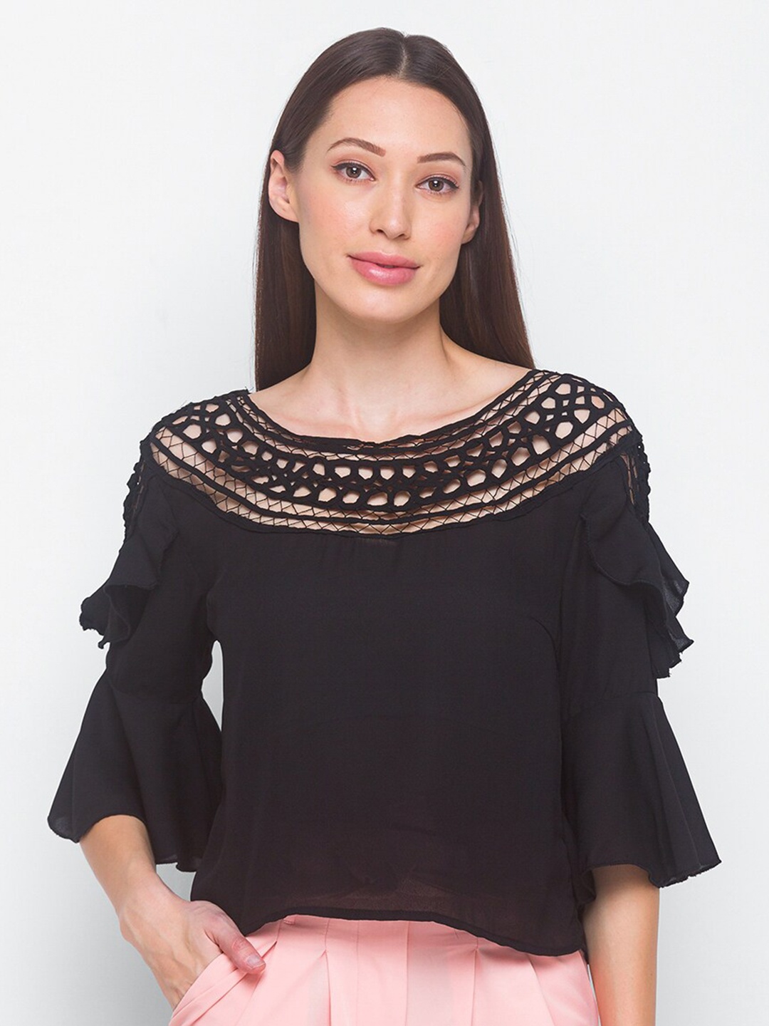 

LYKKEIN Black Self Design Bell Sleeves Crochet Top