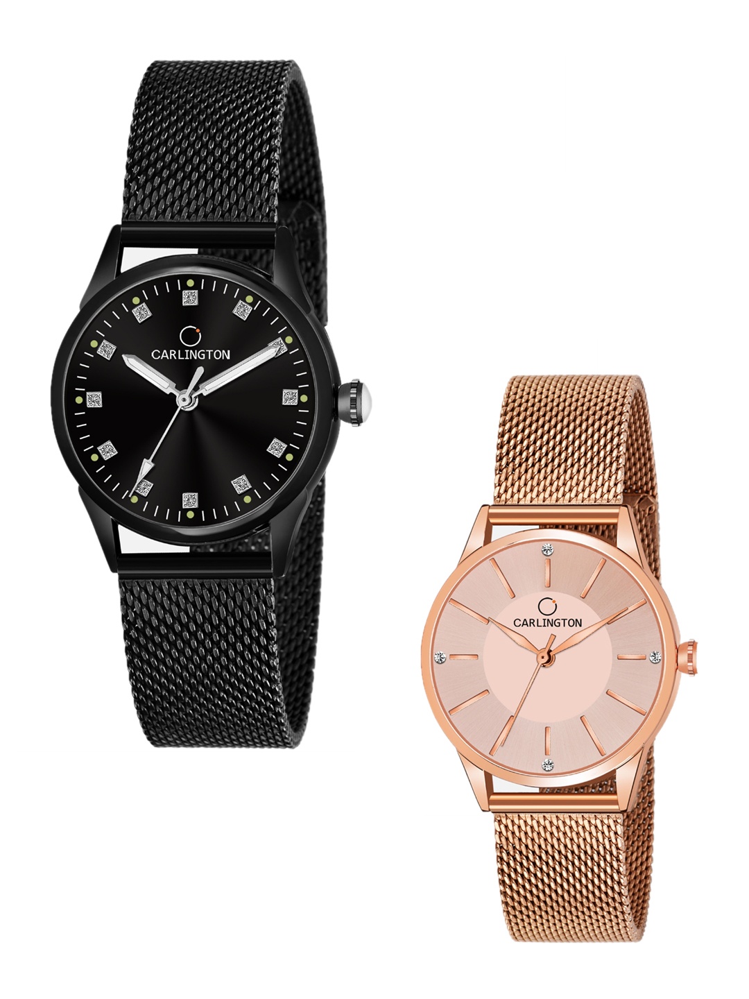 

CARLINGTON Women Pack Of 2 Stainless Steel Bracelet Style Straps Analogue Watches CT2003, Black