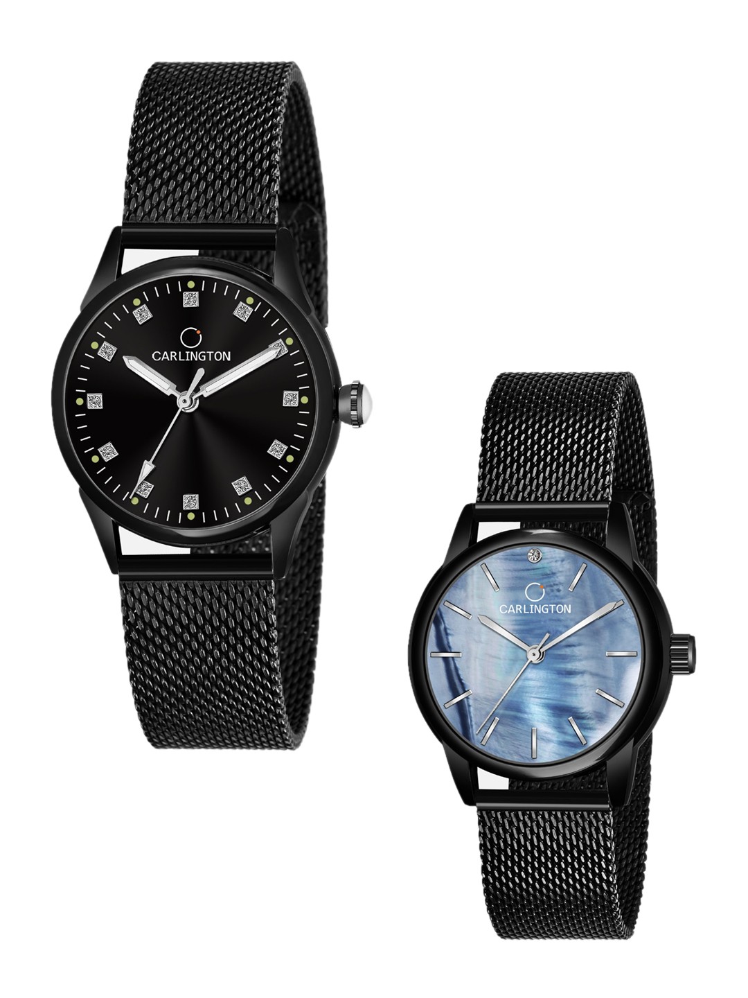

CARLINGTON Women Pack of 2 Stainless Steel Bracelet Style Analogue Watch, Black