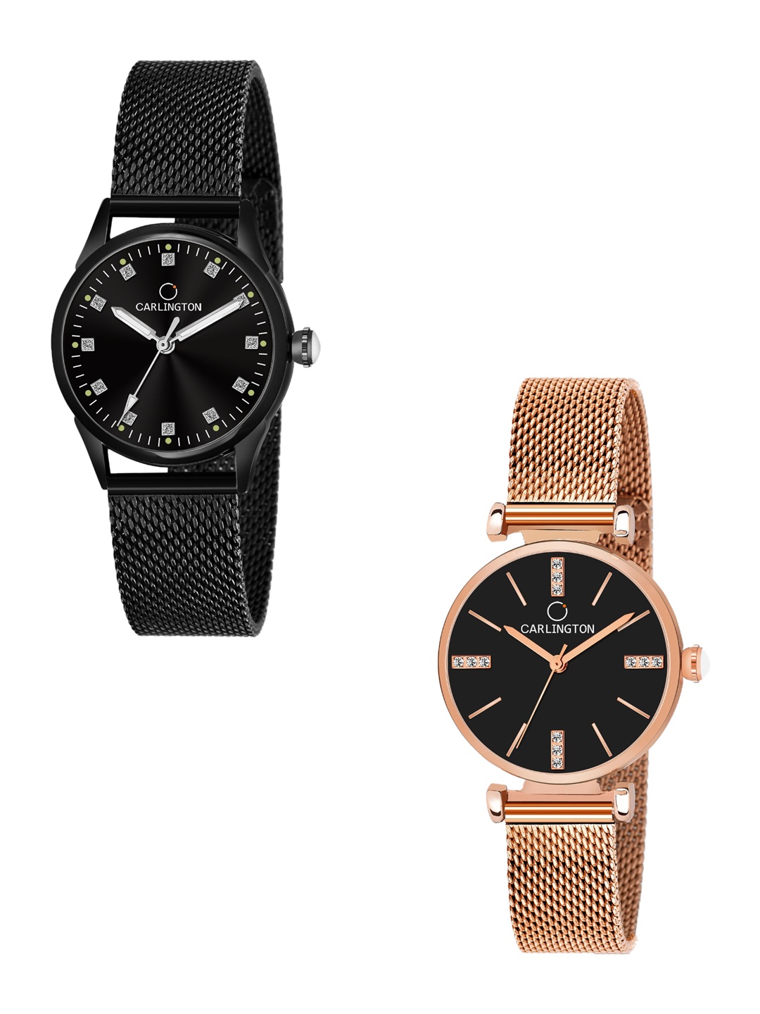 

CARLINGTON Women Set Of 2 Multicoloured Dial & Stainless Steel Bracelet Analogue Watch CT2003 Black-CT2011 Rose, Multi