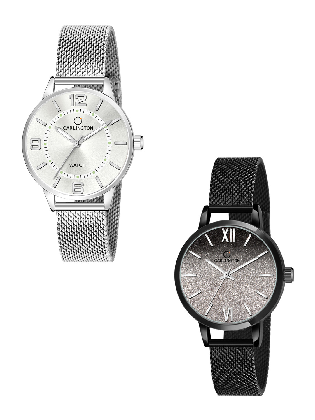 

CARLINGTON Women Pack Of 2 Stainless Steel Bracelet Style Straps Analogue Watches CT2002, Silver