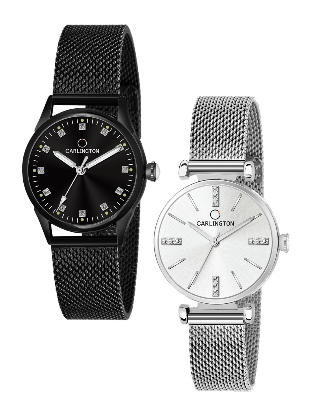 

CARLINGTON Women Pack of 2 Stainless Steel Bracelet Style Analogue Watch, Black