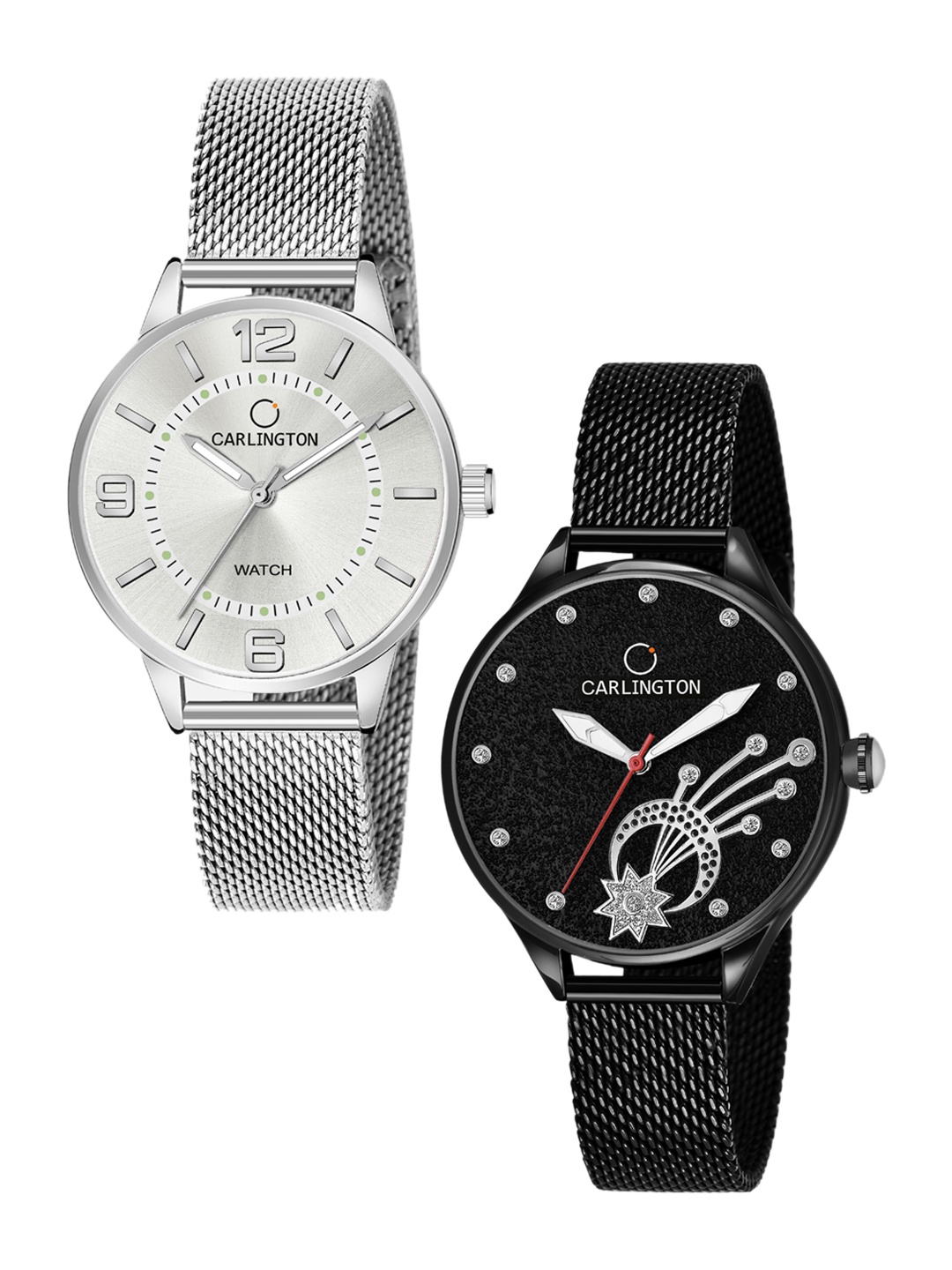 

CARLINGTON Women Pack Of 2 Stainless Steel Bracelet Style Straps Analogue Watches CT2002, Silver