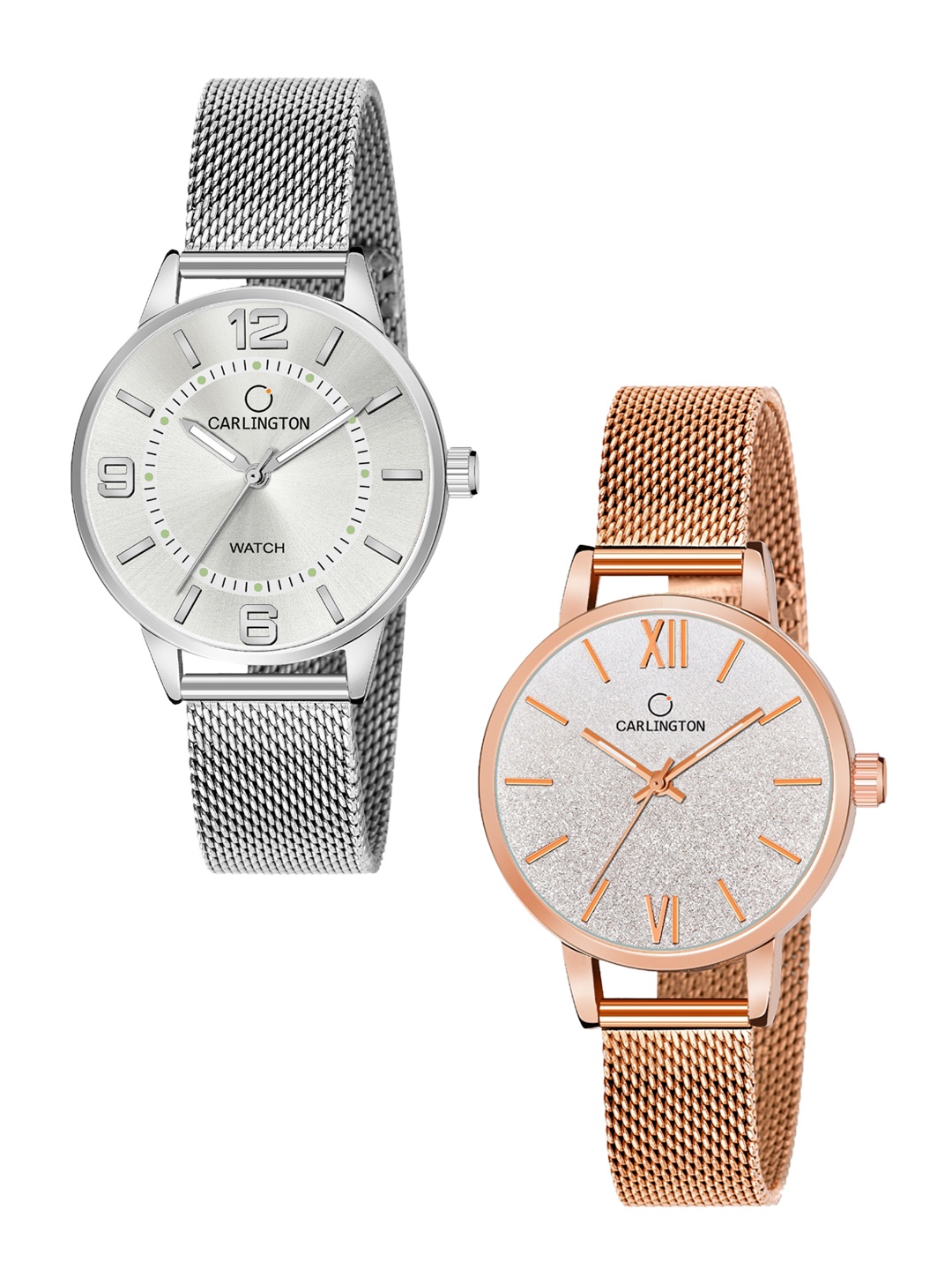

CARLINGTON Women Pack of 2 Stainless Steel Bracelet Style Analogue Watch, Silver