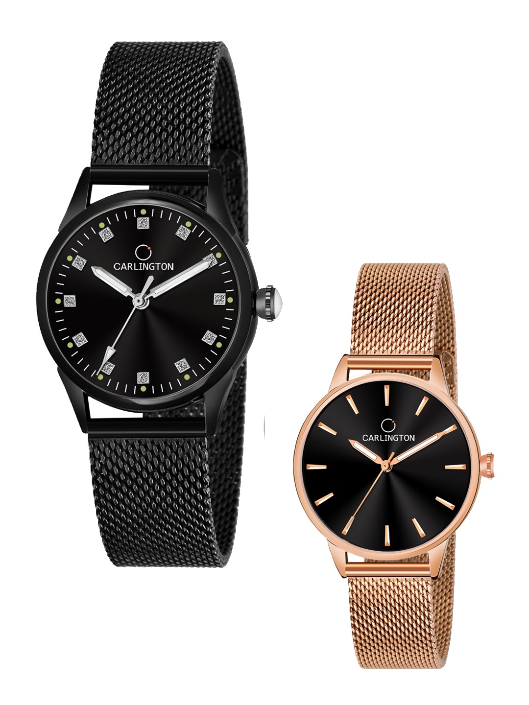 

CARLINGTON Women Set Of 2 Stainless Steel Bracelet Style Straps Analogue Watch, Black