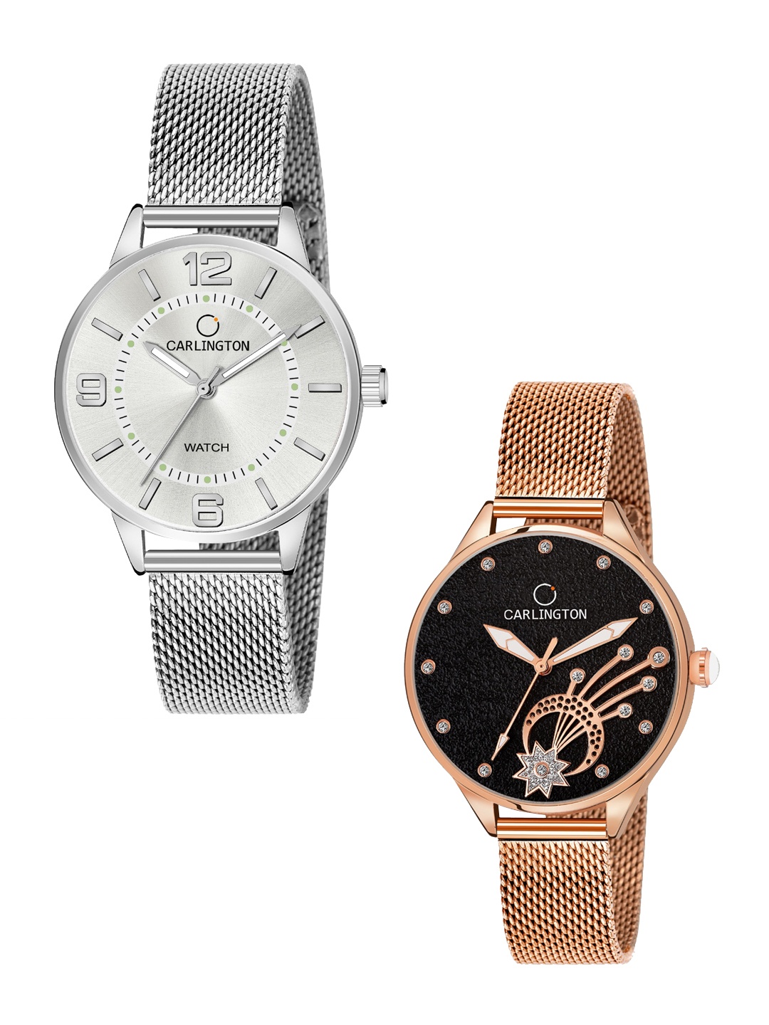 

CARLINGTON Women Pack of 2 Stainless Steel Bracelet Style Analogue Watch, Silver