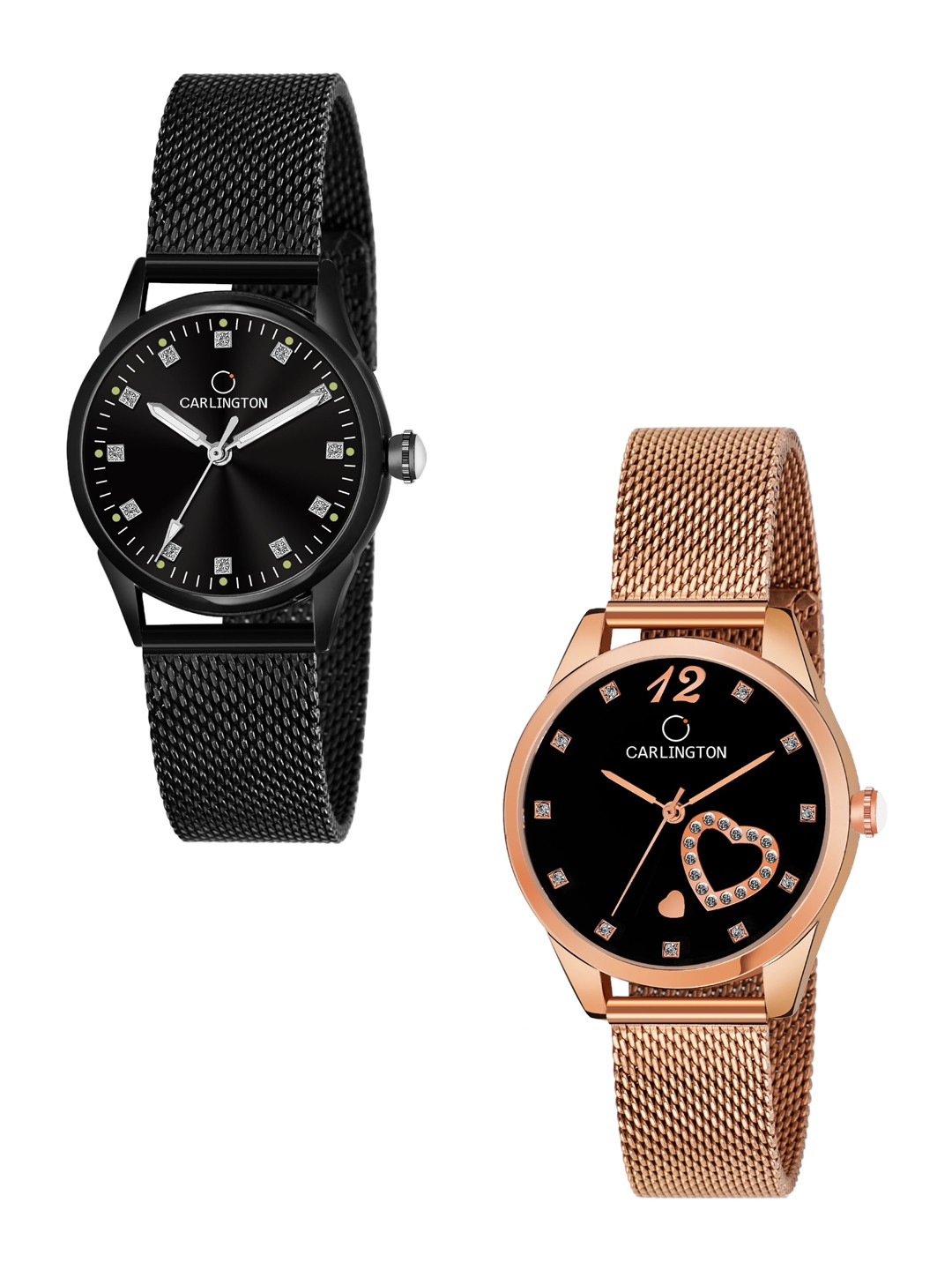 

CARLINGTON Women Set Of 2 Bracelet Style Straps Watch CT2003 Black-CT2006 RoseBlack