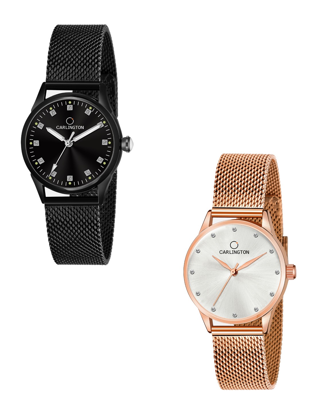 

CARLINGTON Women Pack Of 2 Stainless Steel Bracelet Style Straps Analogue Watches CT2003, Black
